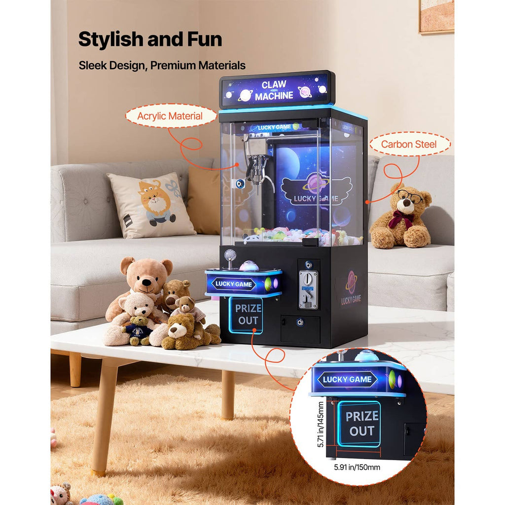 Standing claw crane arcade game with clear glass prize chamber and glowing LED panel