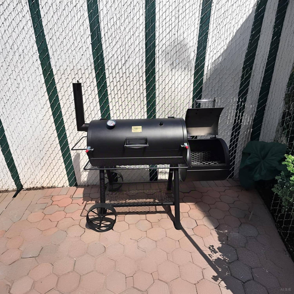 Lid clamp installed on a black smoker grill lid, red handle visible