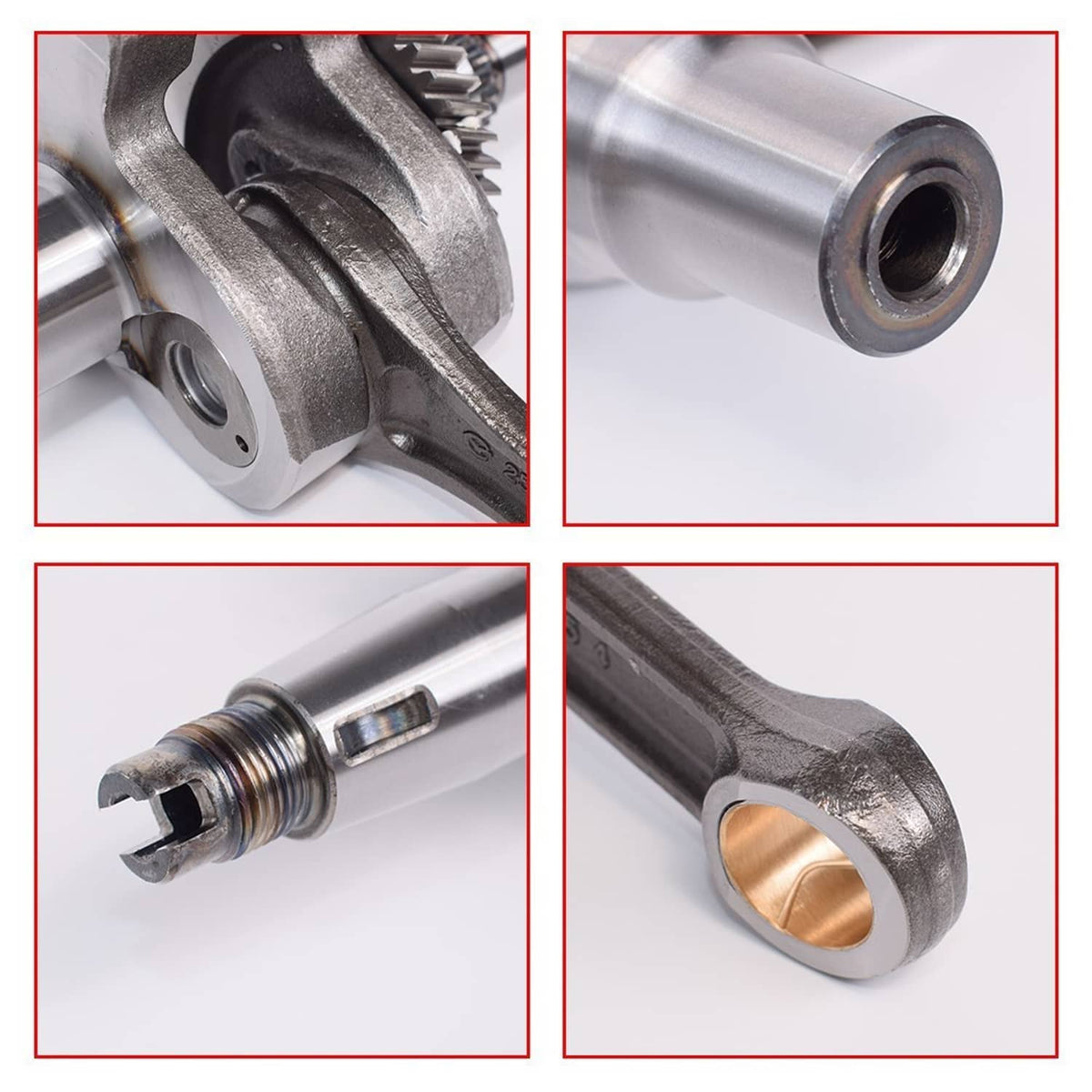 ATV crankshaft close-up set: gears, shaft threads, and bronze bushing