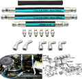 High-pressure oil pump hose set with teal-striped rubber lines and metal end fittings