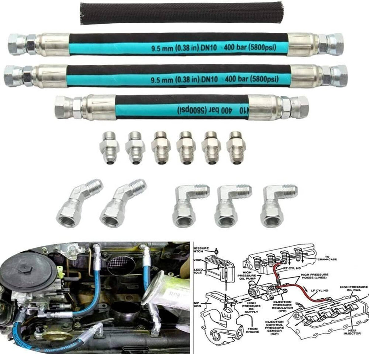 High-pressure oil pump hose set with teal-striped rubber lines and metal end fittings