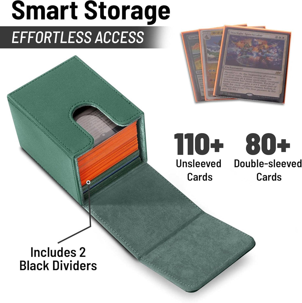 Teal green deck box opened like a tray, with two black dividers and soft inner lining