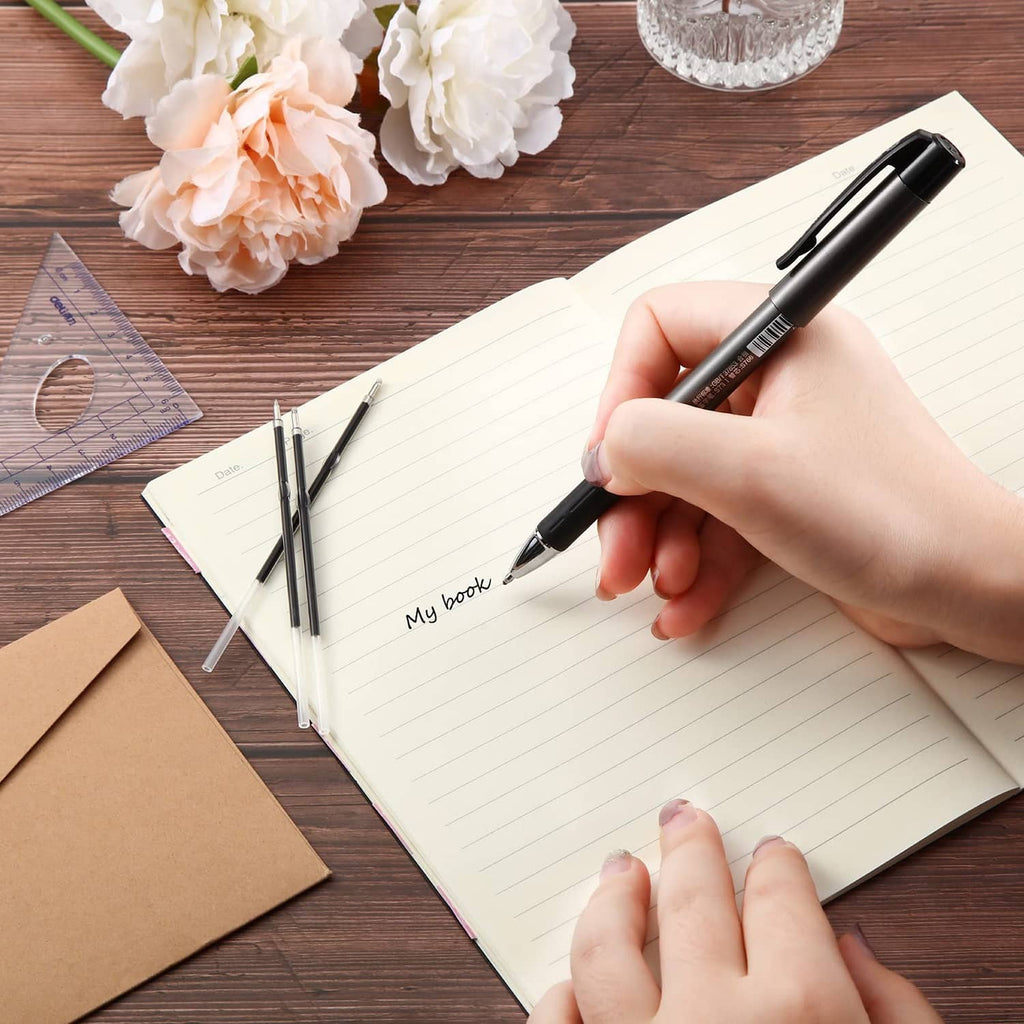 Hand holding a ballpoint pen with 1 mm refill tip; writing in notebook