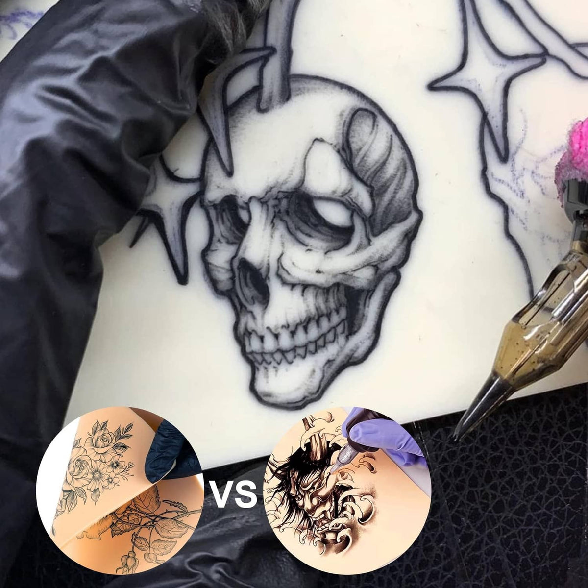 Beige practice skin with black skull stencil design and tattoo tool pen