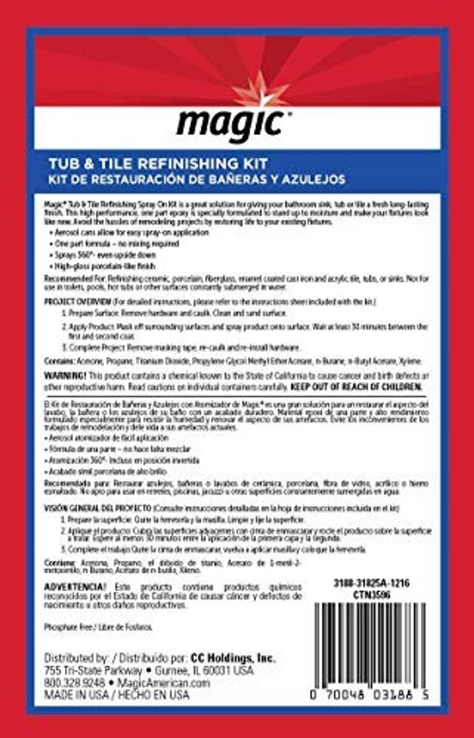Magic tub and tile refinishing kit instruction panel, detailed usage and warnings