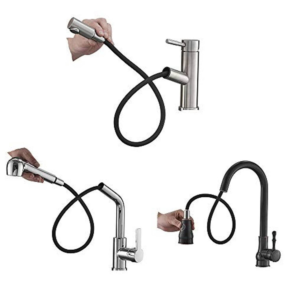 Pull-down sink faucet hoses in black and chrome finishes with handheld spray heads.