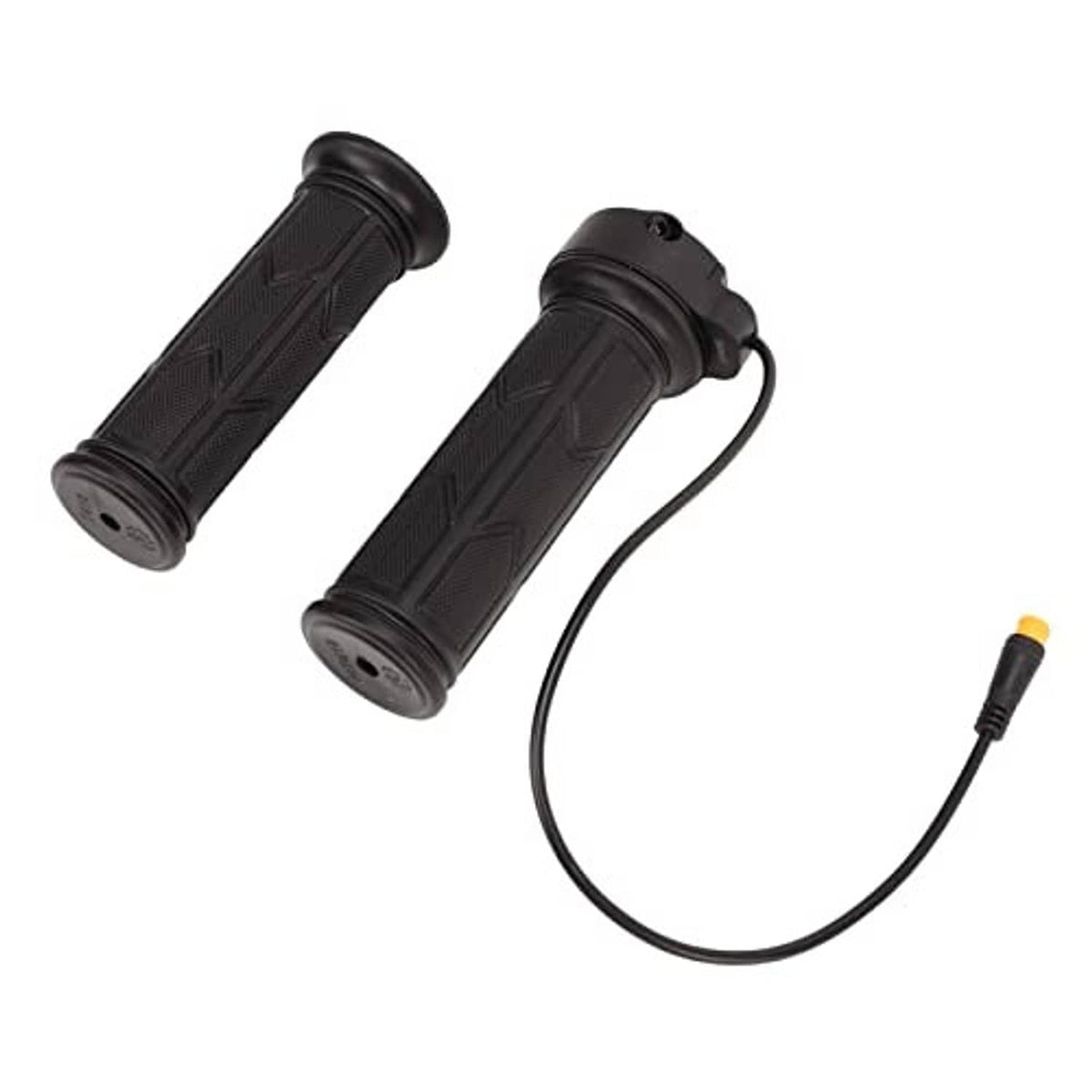 Black full-rotation thumb throttle grips pair with cable loop and orange-tipped connector.