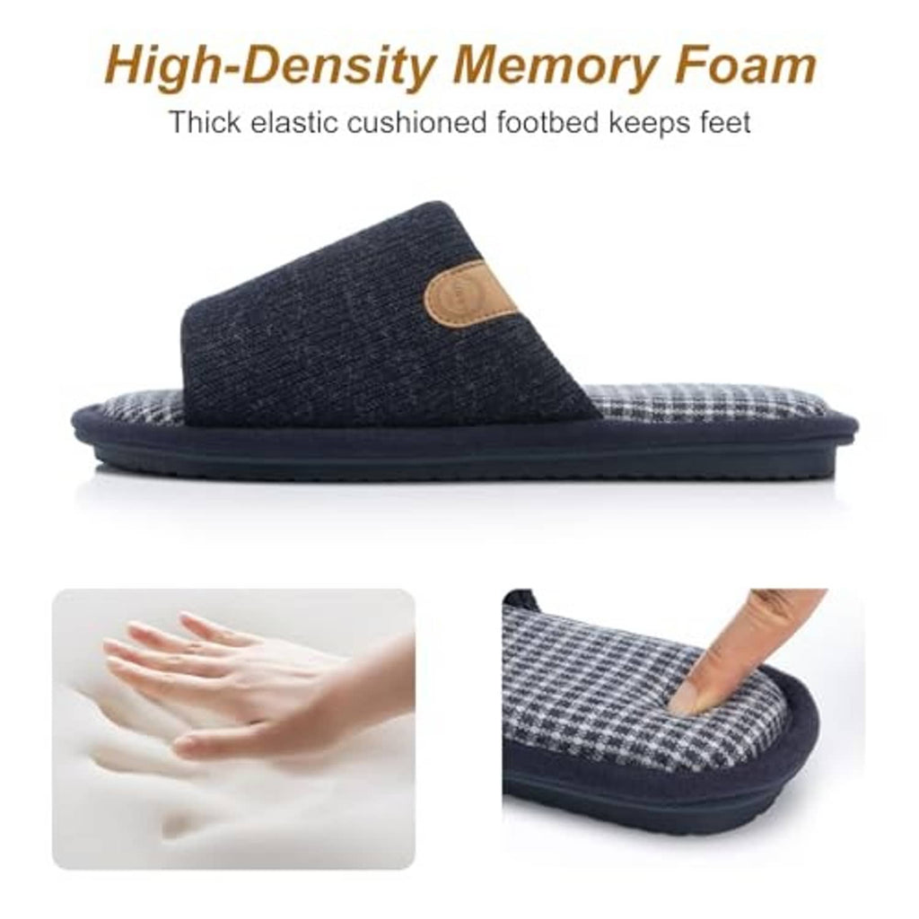 Navy memory foam slide slippers, plaid footbed and tan patch on knit upper