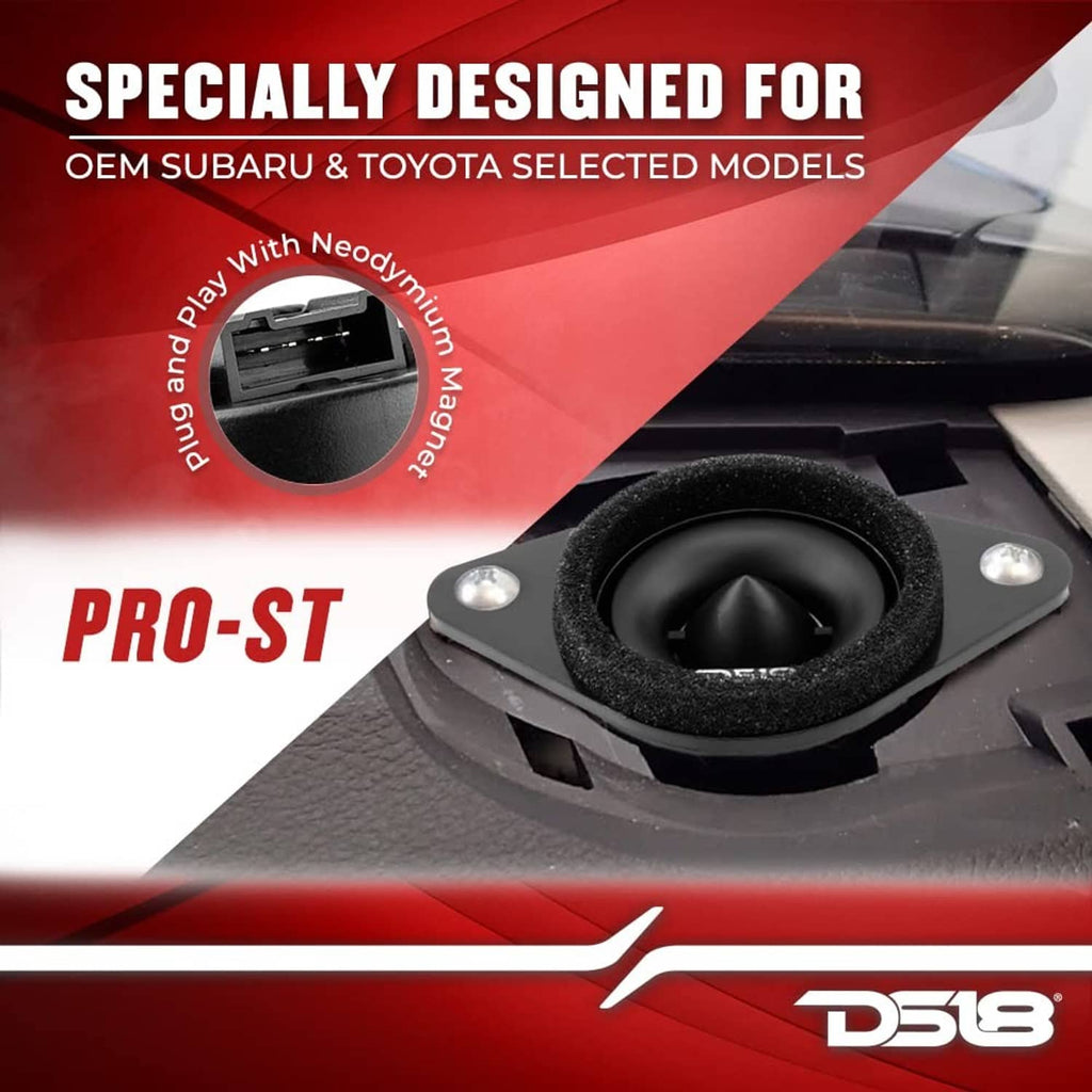 Black DS18 bullet compression tweeter shown in a vehicle dashboard-style mount