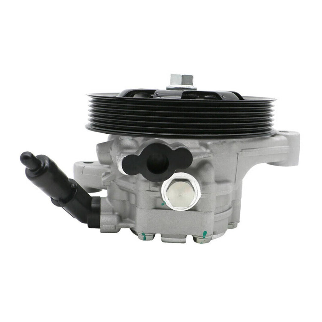 Power steering pump with black pulley, gray body, and black pressure hose on side