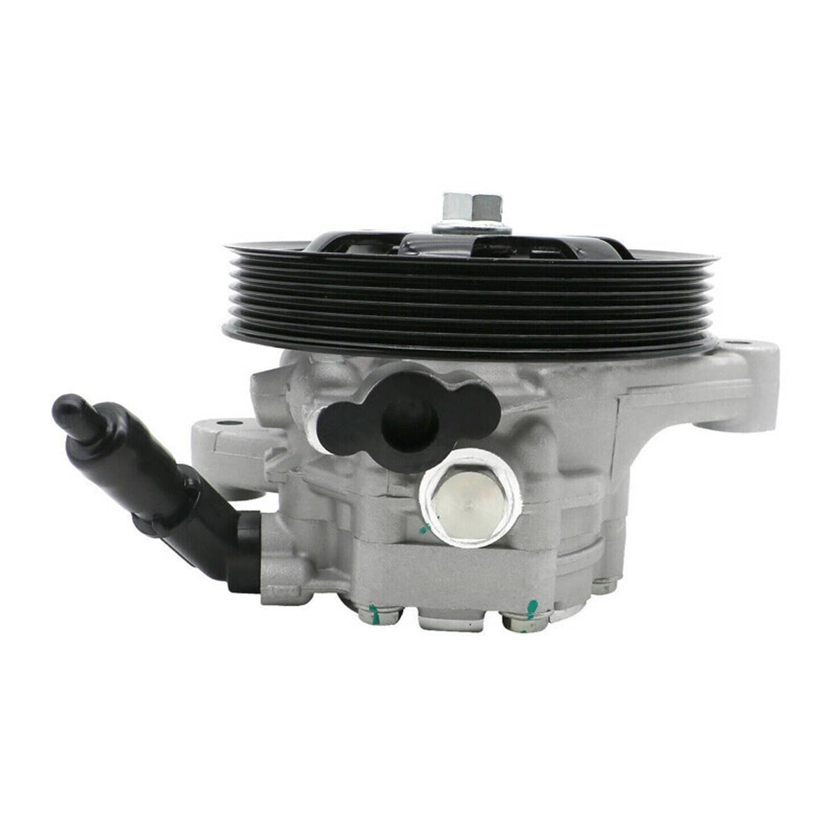 Power steering pump with black pulley, gray body, and black pressure hose on side