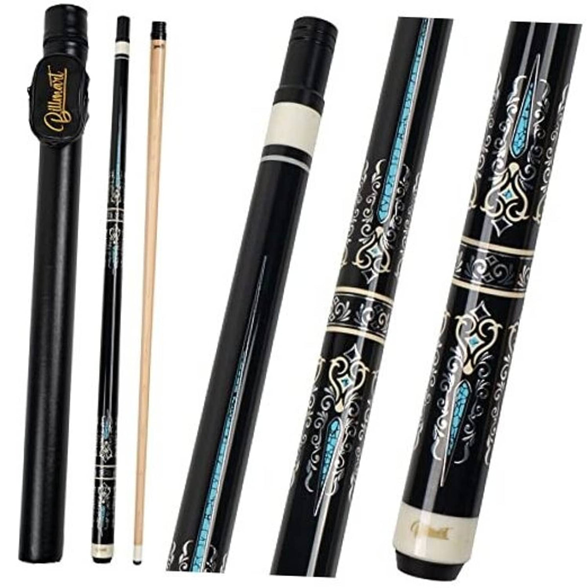 Black pool cue stick with ivory-colored ferrule and decorative blue-and-white inlays