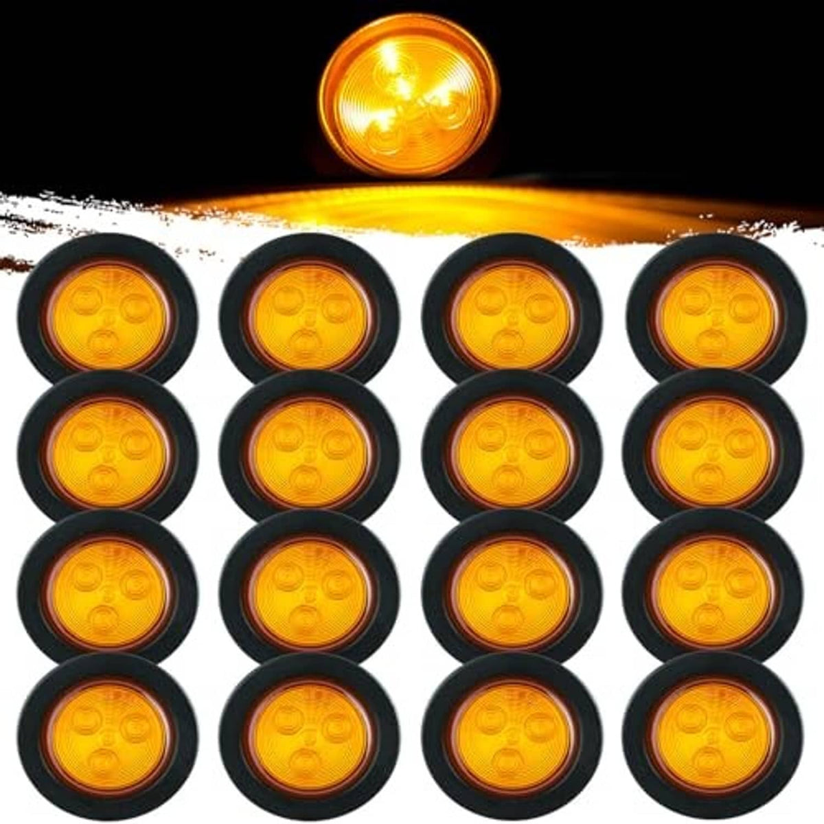 16-pack amber round LED trailer marker lights in black housings, several lit