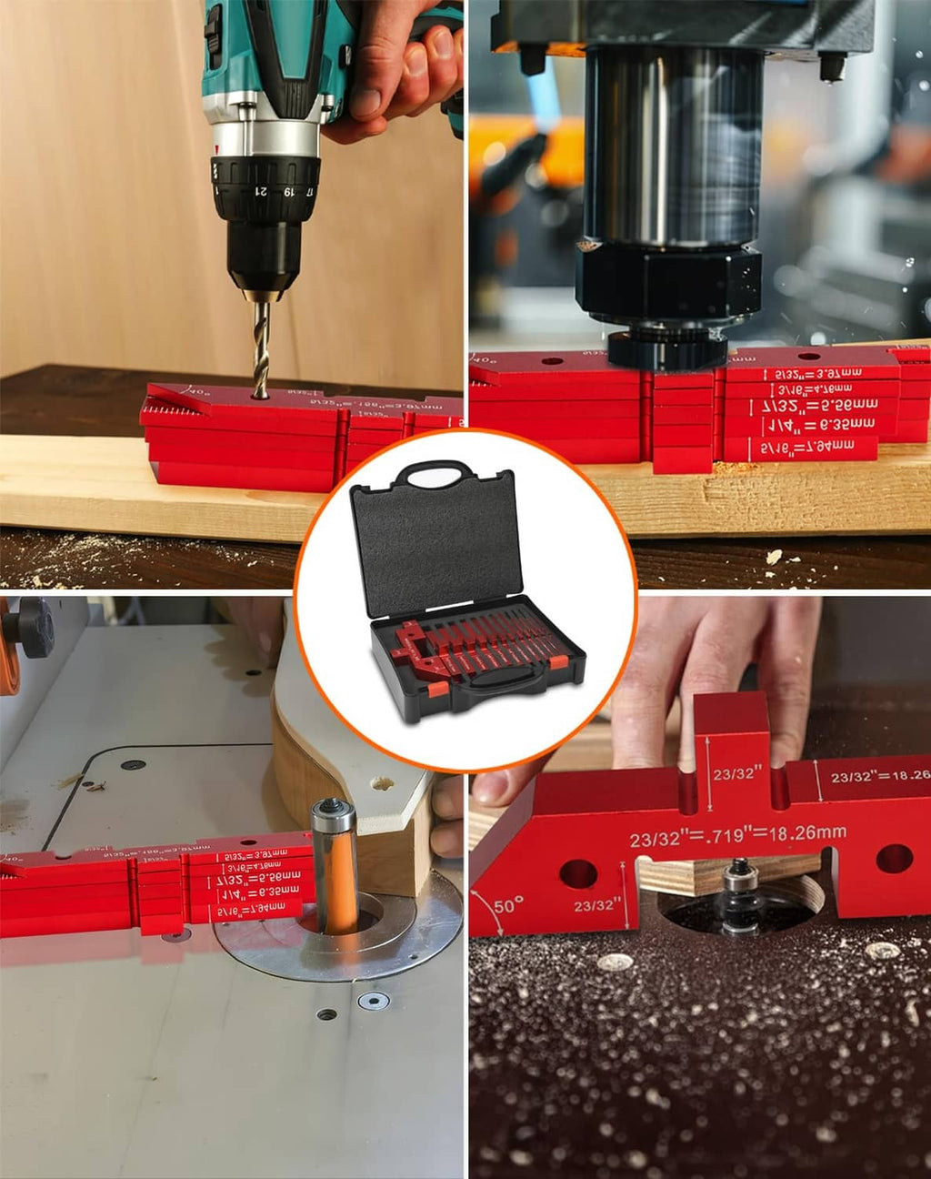 Red aluminum setup blocks on a workbench with drill in use; inset shows case