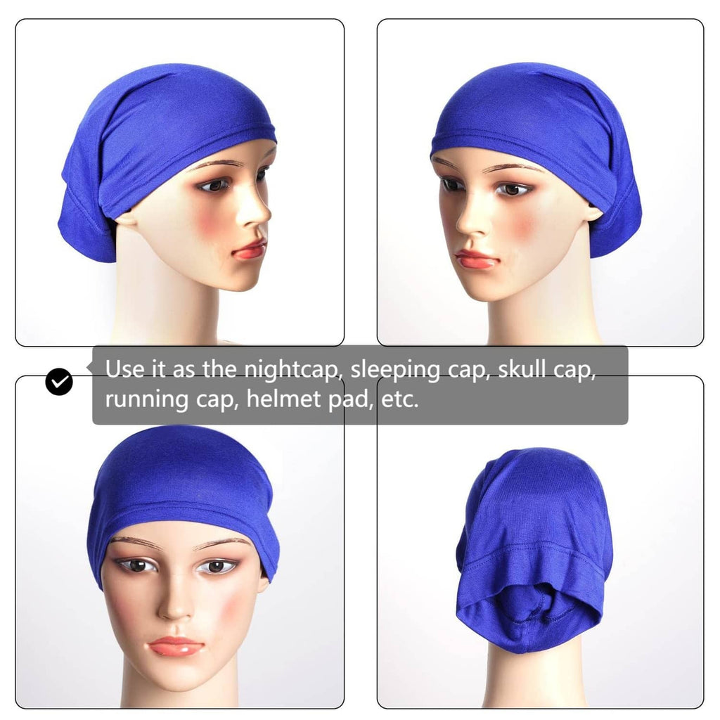 Blue tube head wrap cap on mannequin, shown from front and side angles