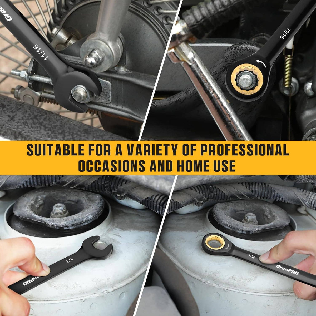 Ratcheting wrench gripping a bolt on an engine bay, with chrome handle and black head
