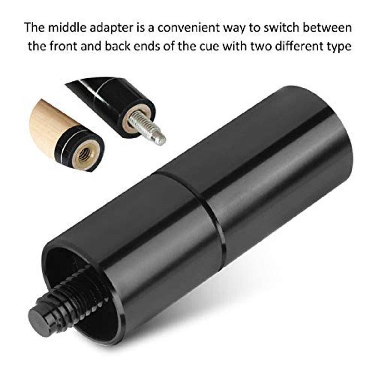 Black pool cue extension adapter with threaded connector socket and cable-in style end