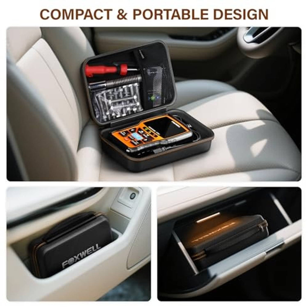 Portable carrying case placed in vehicle seat area, open-top with tools and cables