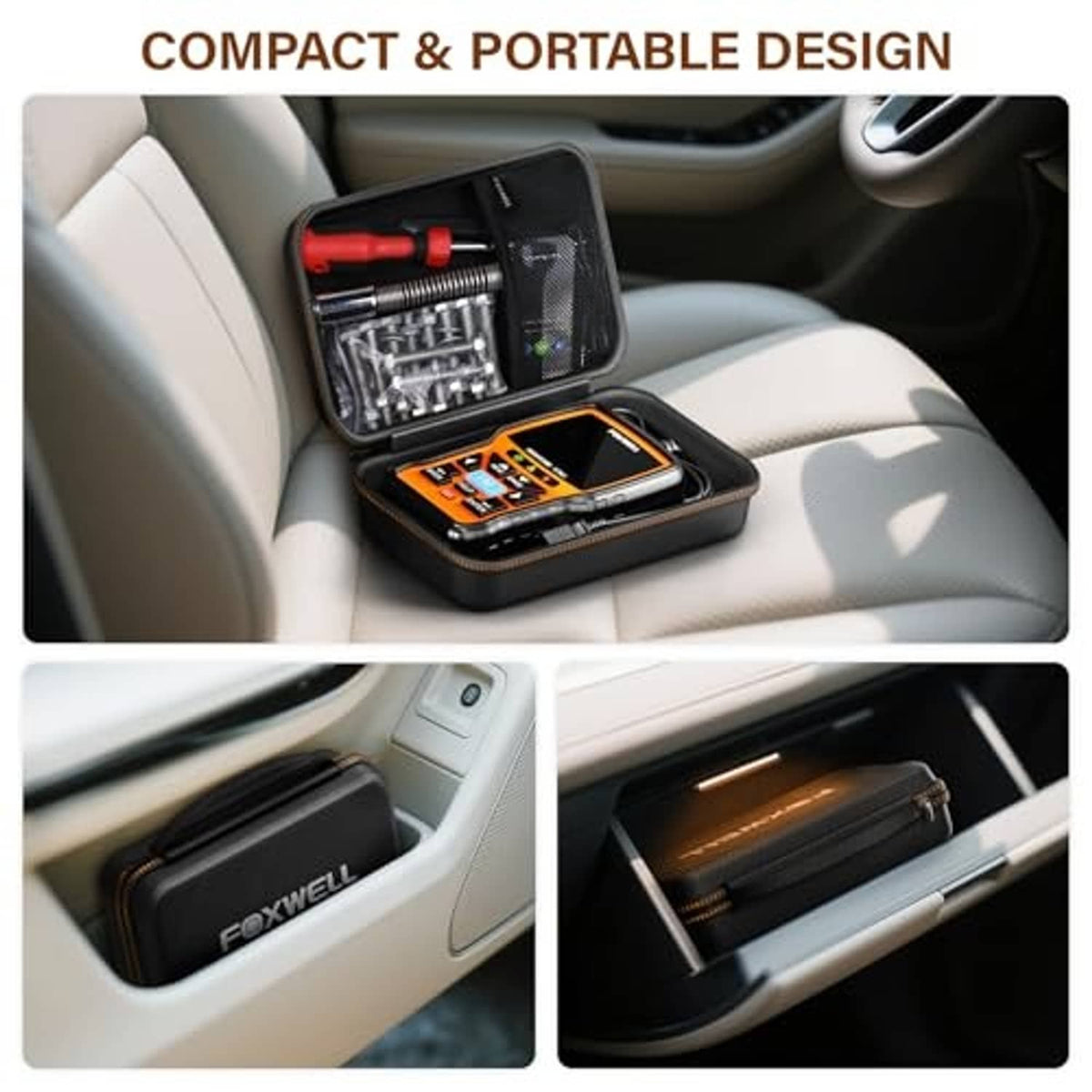 Portable carrying case placed in vehicle seat area, open-top with tools and cables