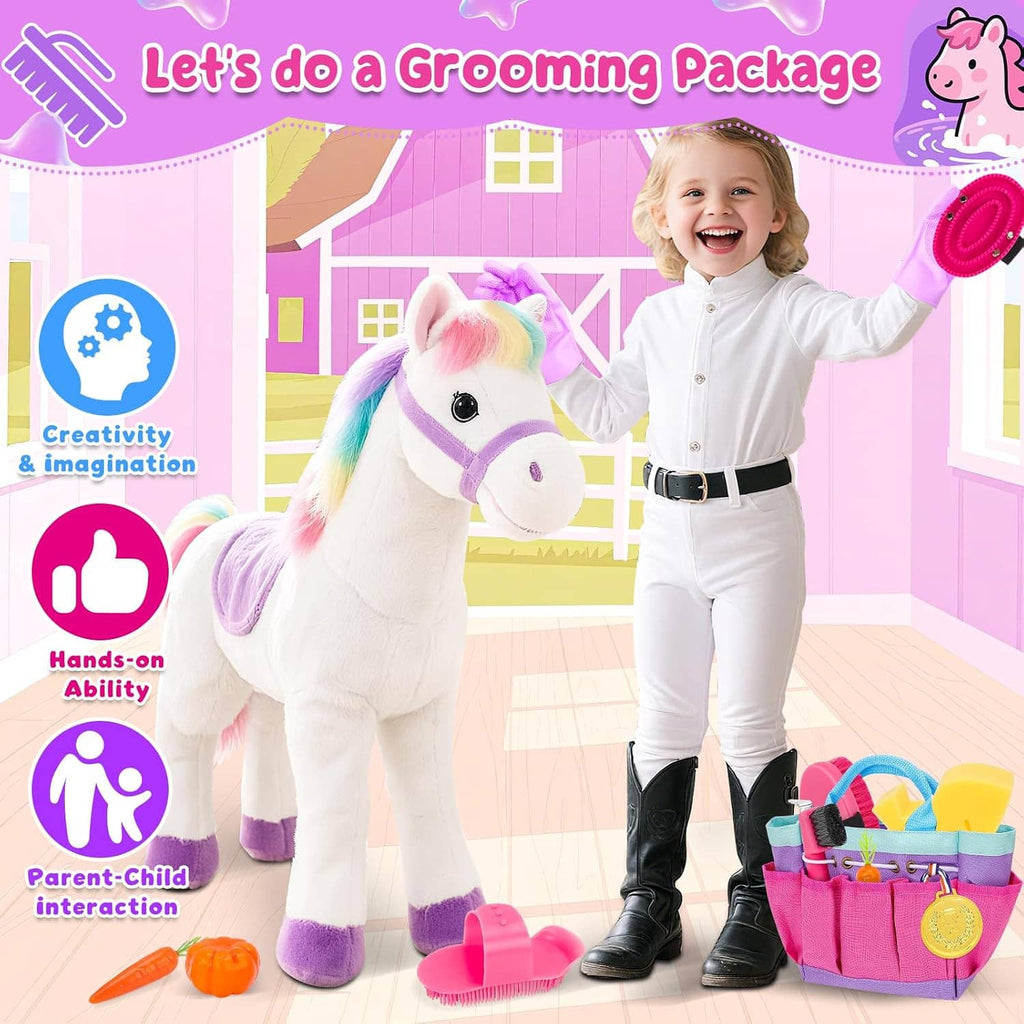 Kids horse grooming kit with tote bag and pink brush set for cleaning pony