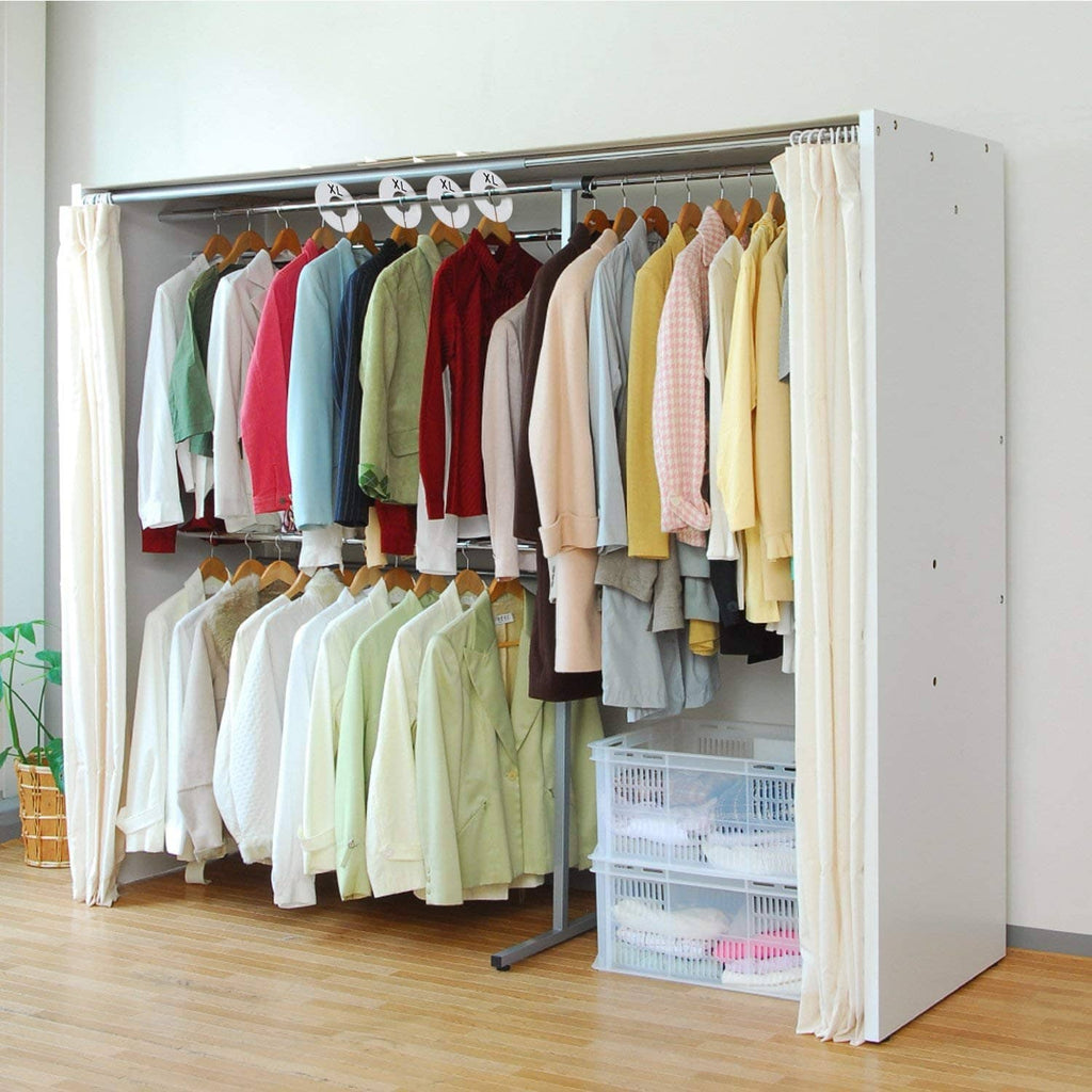 Closet wardrobe organizer with clothing rack and hanging garments