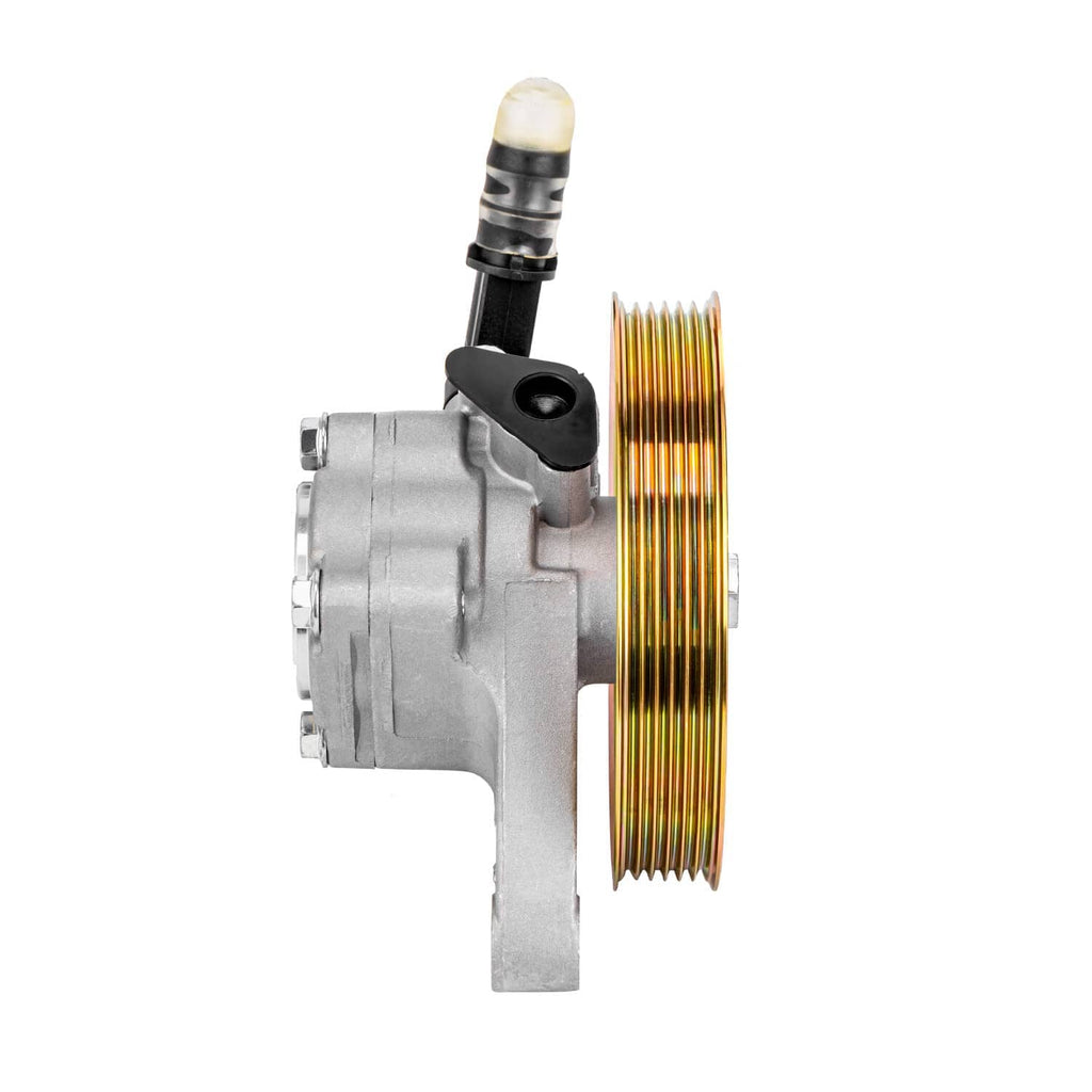 Power steering pump with pulley ribbed wheel and black pressure line
