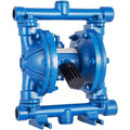 Blue air-operated double diaphragm pump with metal body and central diaphragm housing