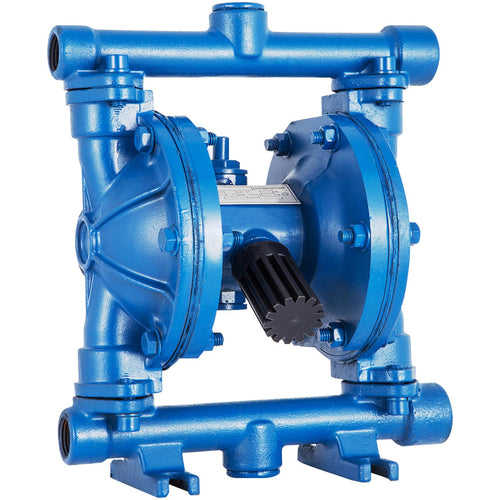 Blue air-operated double diaphragm pump with metal body and central diaphragm housing