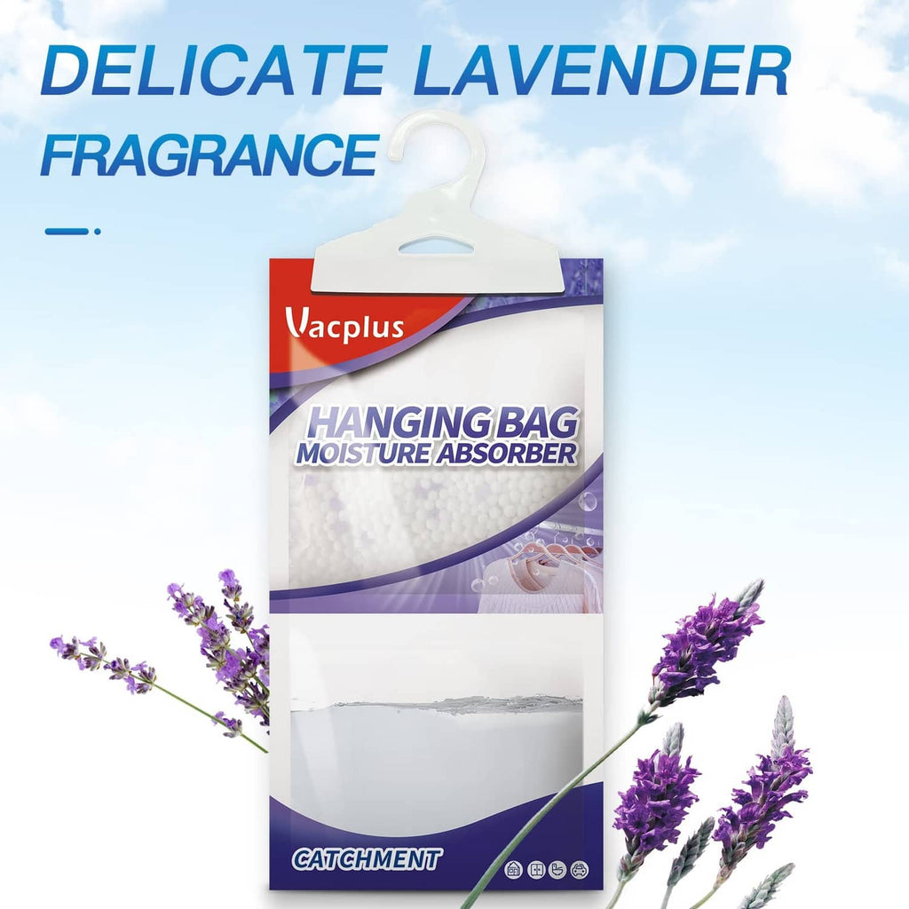 Hanging moisture absorber bag with lavender scent, shown with purple flower sprigs