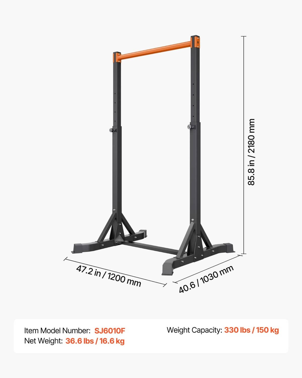 Pull up bar stand with freestanding frame, black legs and orange top bar
