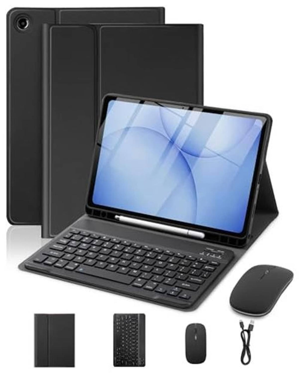 Black tablet keyboard case with viewing stand, built-in keyboard, and wireless mouse