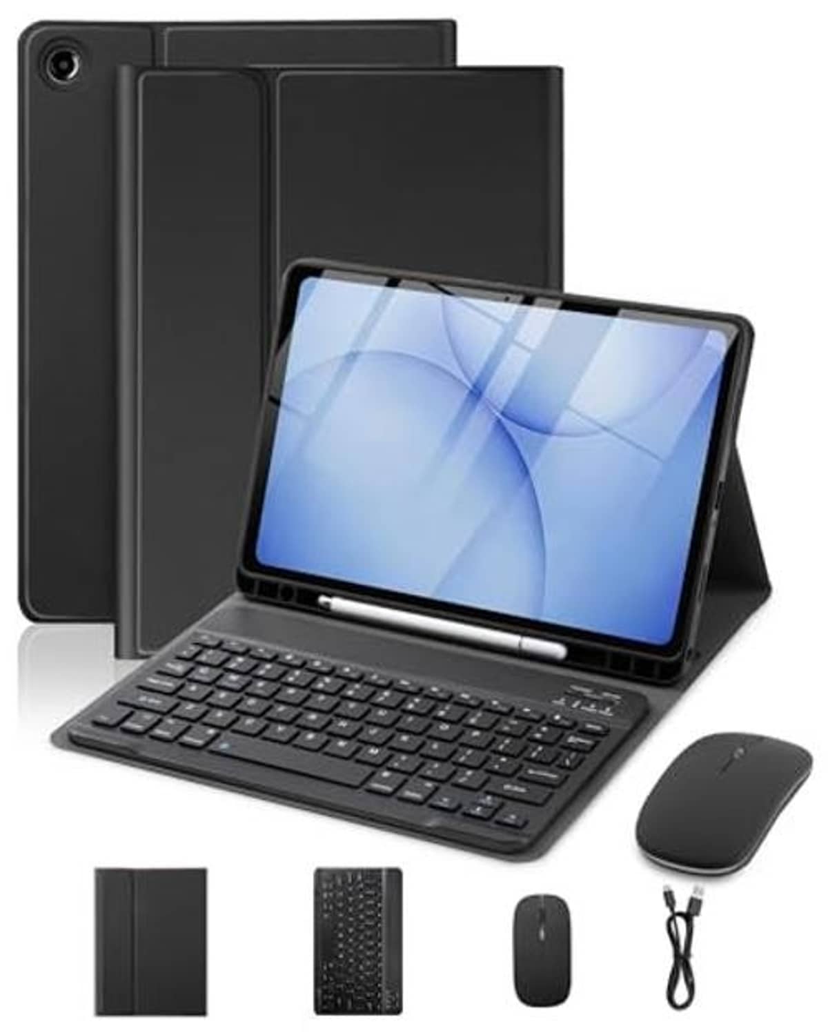 Black tablet keyboard case with viewing stand, built-in keyboard, and wireless mouse