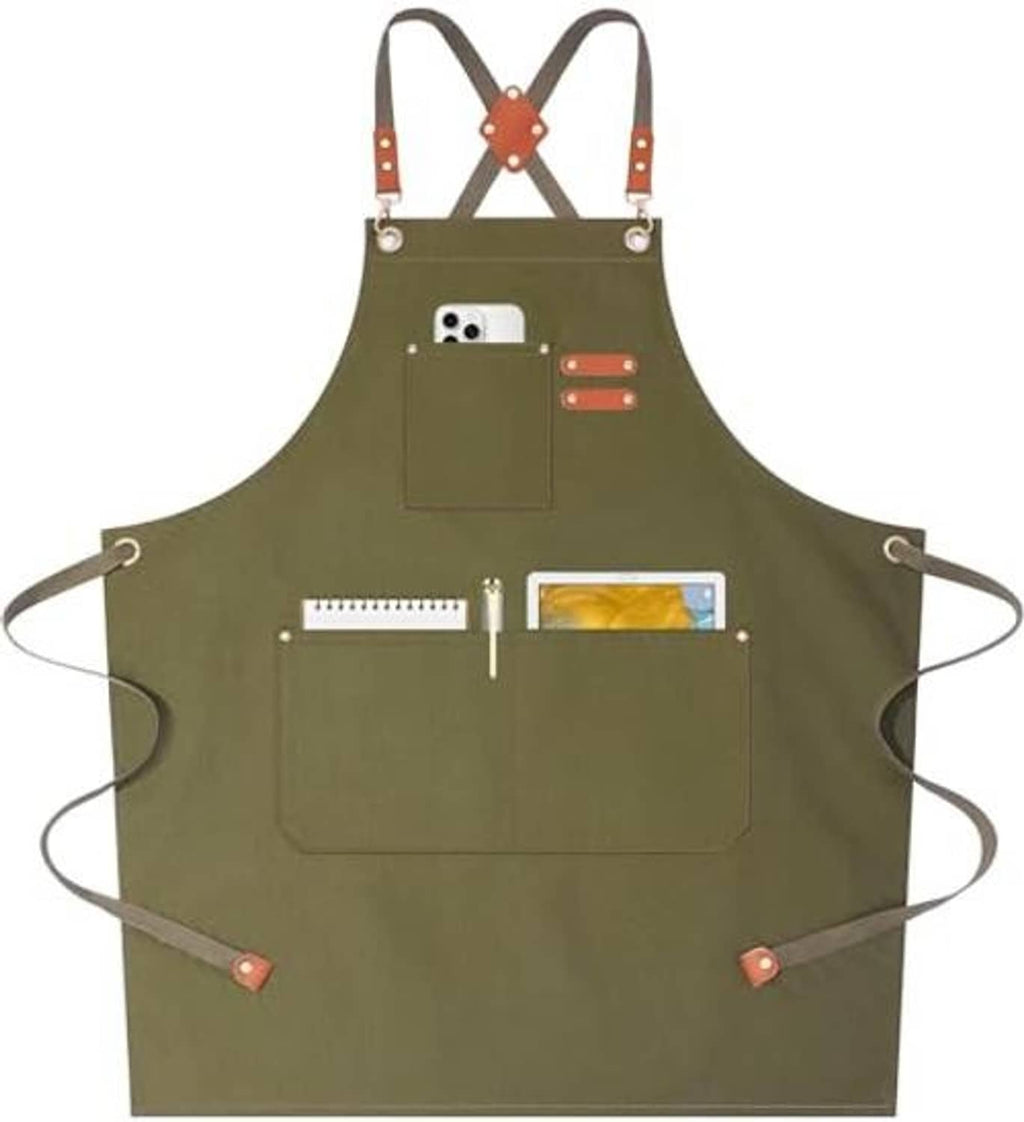 Olive green waist apron with two front pockets and long adjustable straps