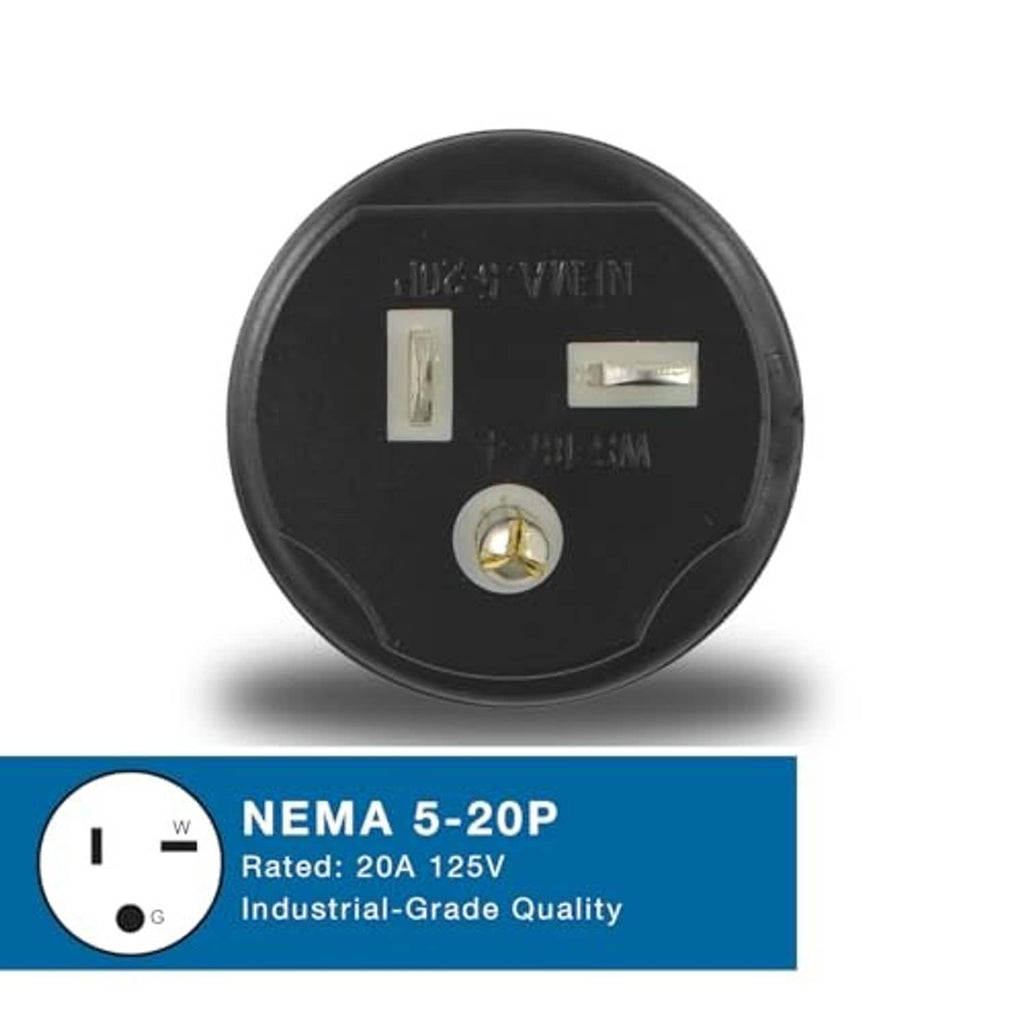 Black NEMA 5-20P plug face with two slots and round grounding opening