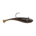 Dark green-brown soft plastic fishing bait with lead jig head and hook
