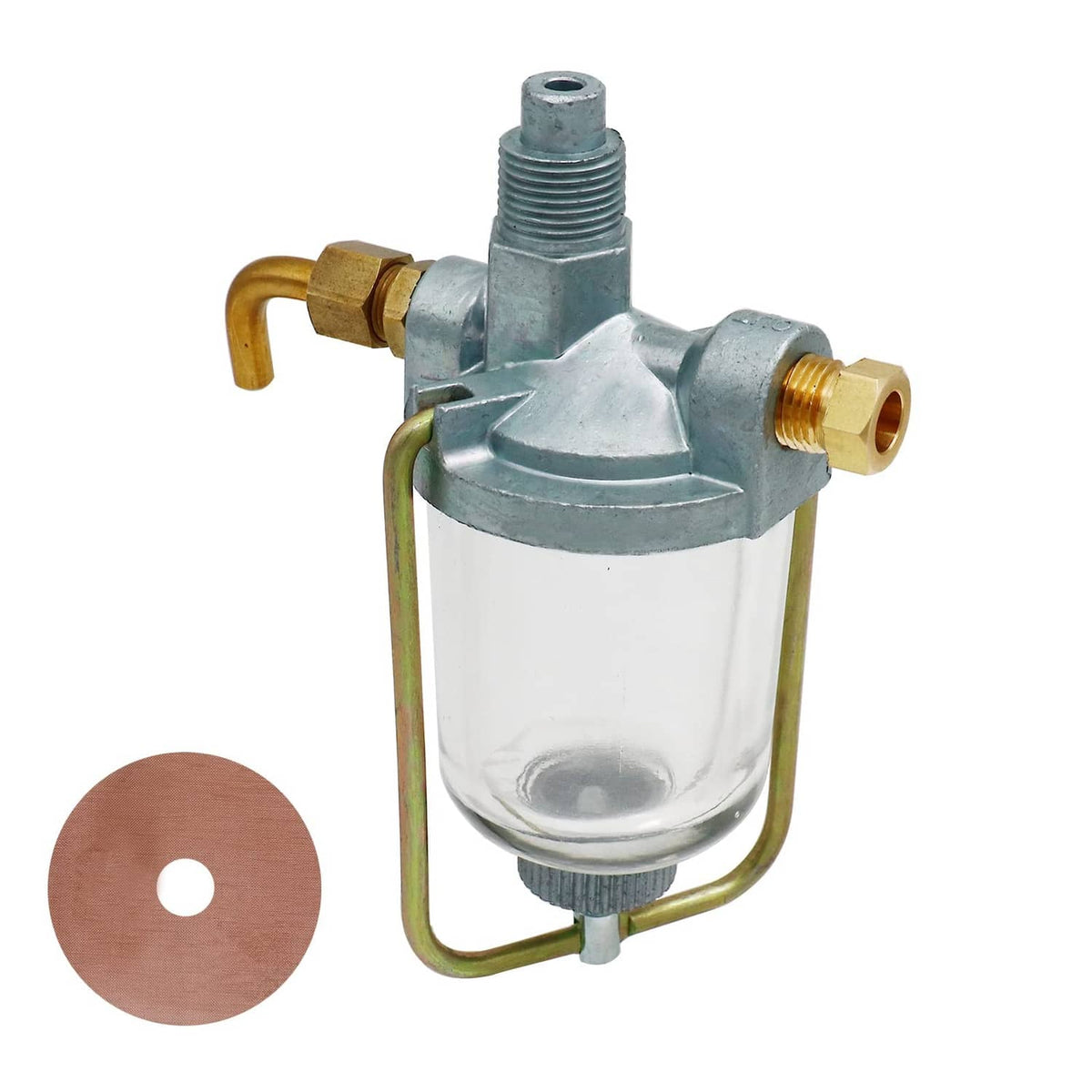 Fuel sediment bowl assembly with clear bowl, brass ports, and threaded top