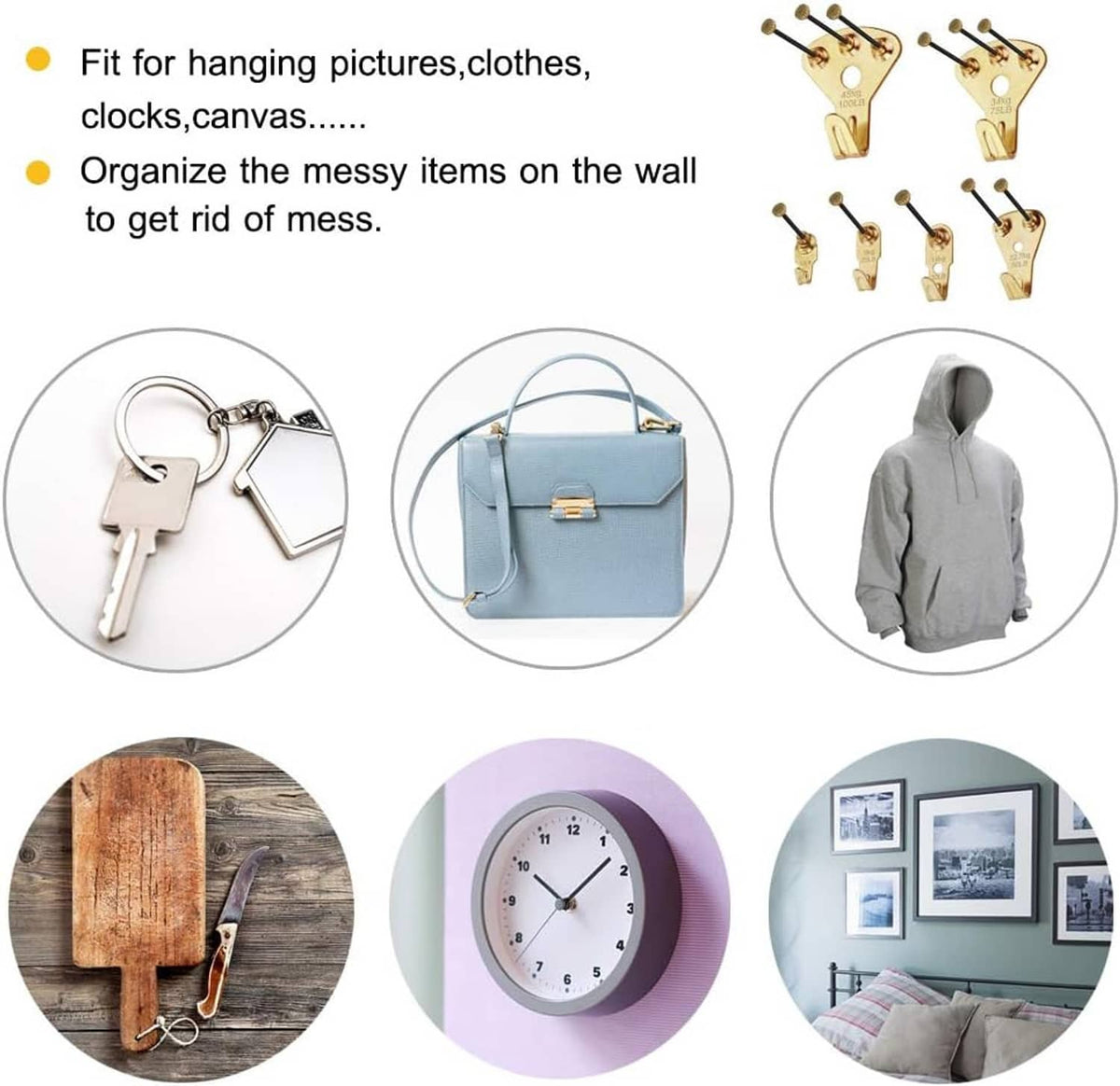 Gold picture-hanging hooks for organizing and hanging frames, clocks, and more