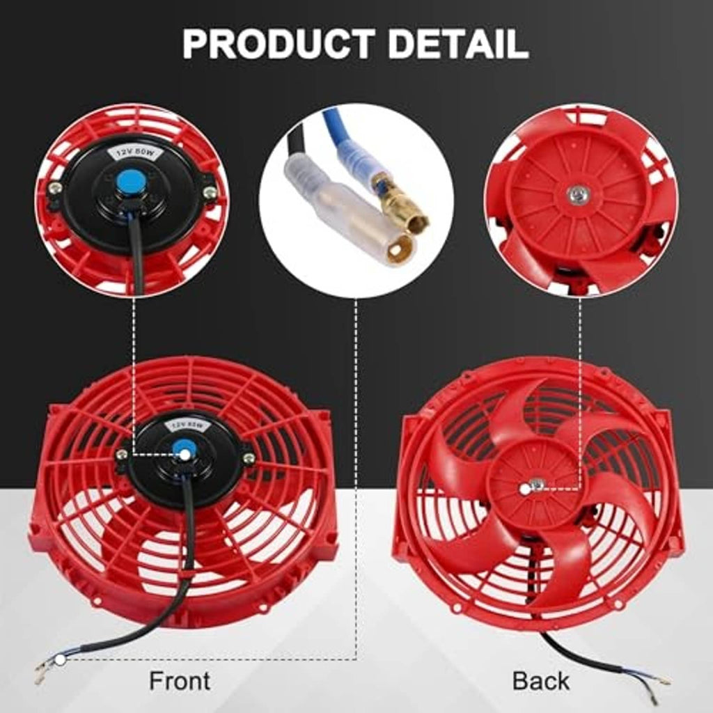 Red 12V electric cooling radiator fan with black center and wiring pigtail