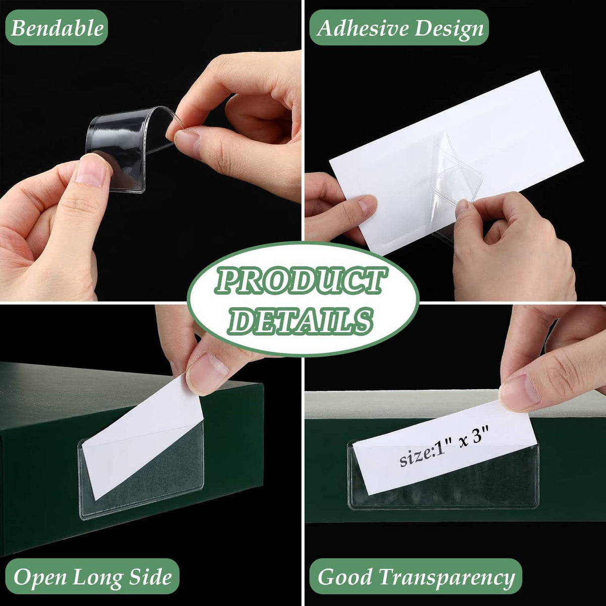 Meanplan clear adhesive label holder being applied, open long side design