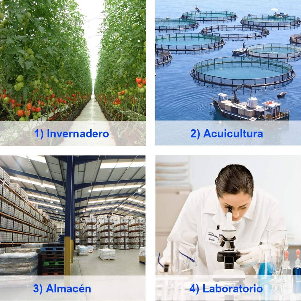 Collage of greenhouse, aquaculture, storage, and laboratory settings for humidity monitoring
