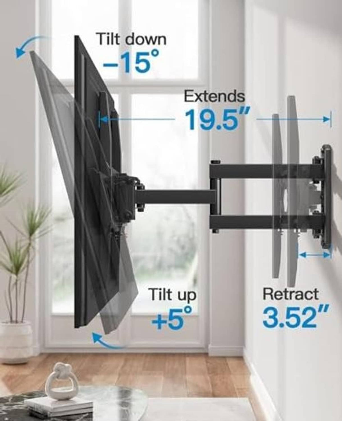 Full motion TV mount with tilt, extend, and retract mechanisms for wall mounting