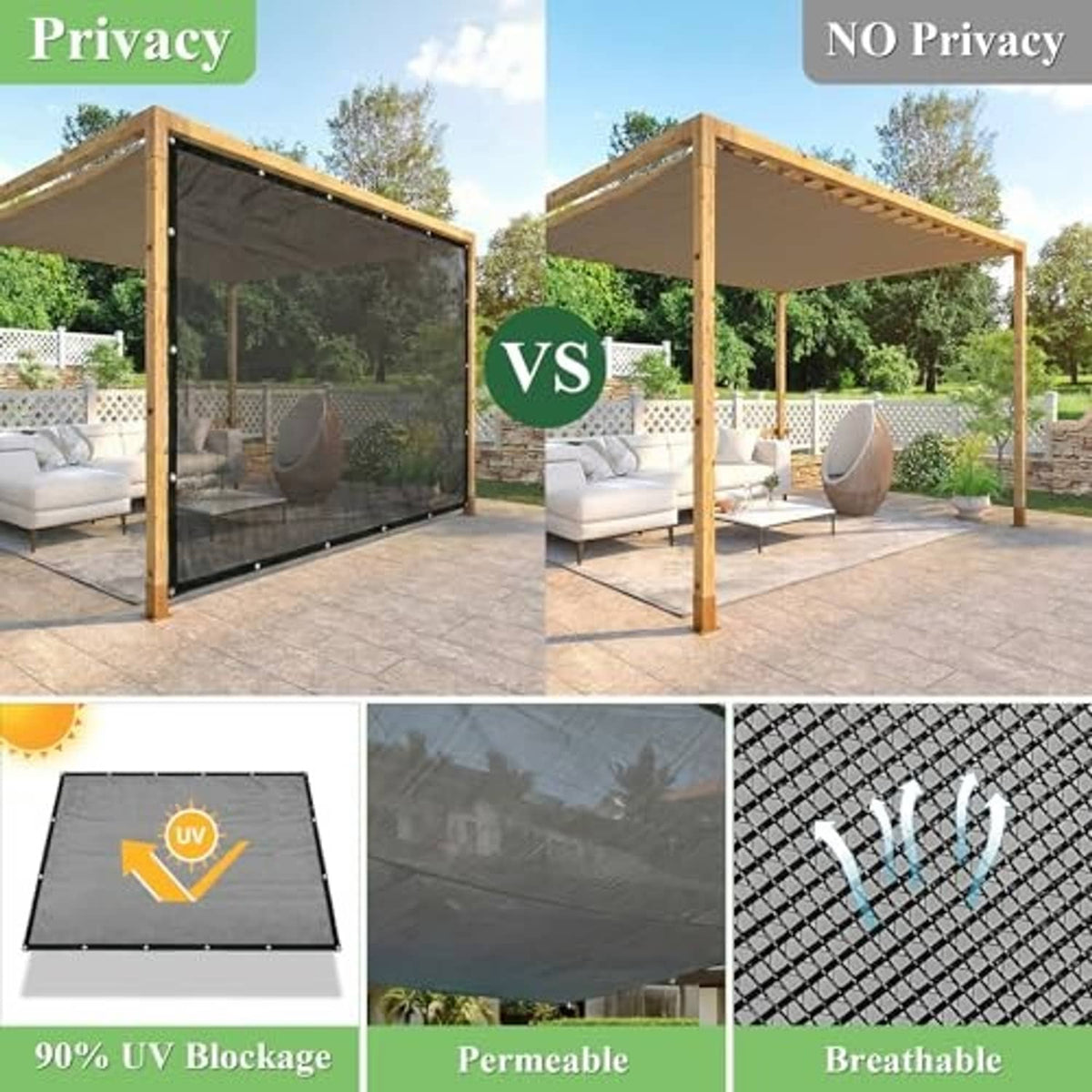 Black mesh shade cloth showing weave texture and metal grommets