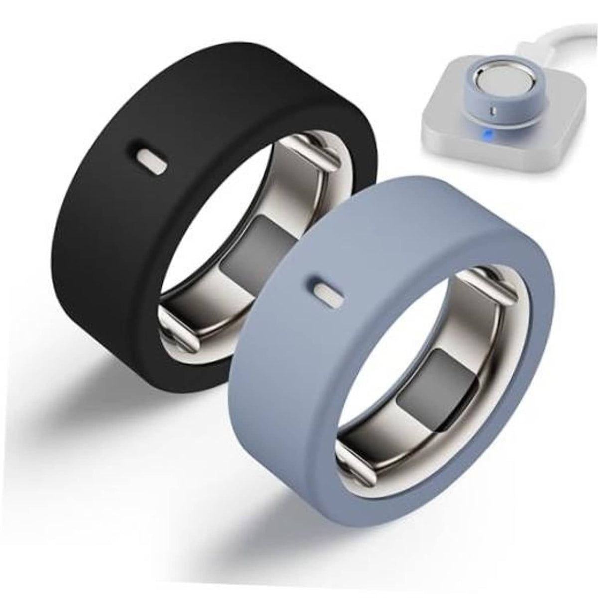 Silicone Oura ring protector bands, black and light blue, with cutout for charging indicator