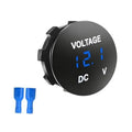 Black circular DC voltmeter gauge with blue LED reading and DC V markings