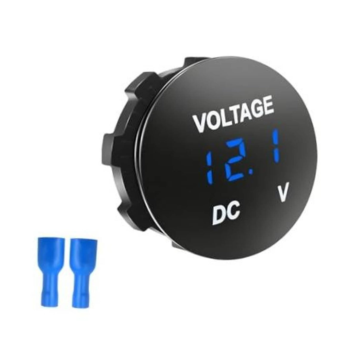 Black circular DC voltmeter gauge with blue LED reading and DC V markings
