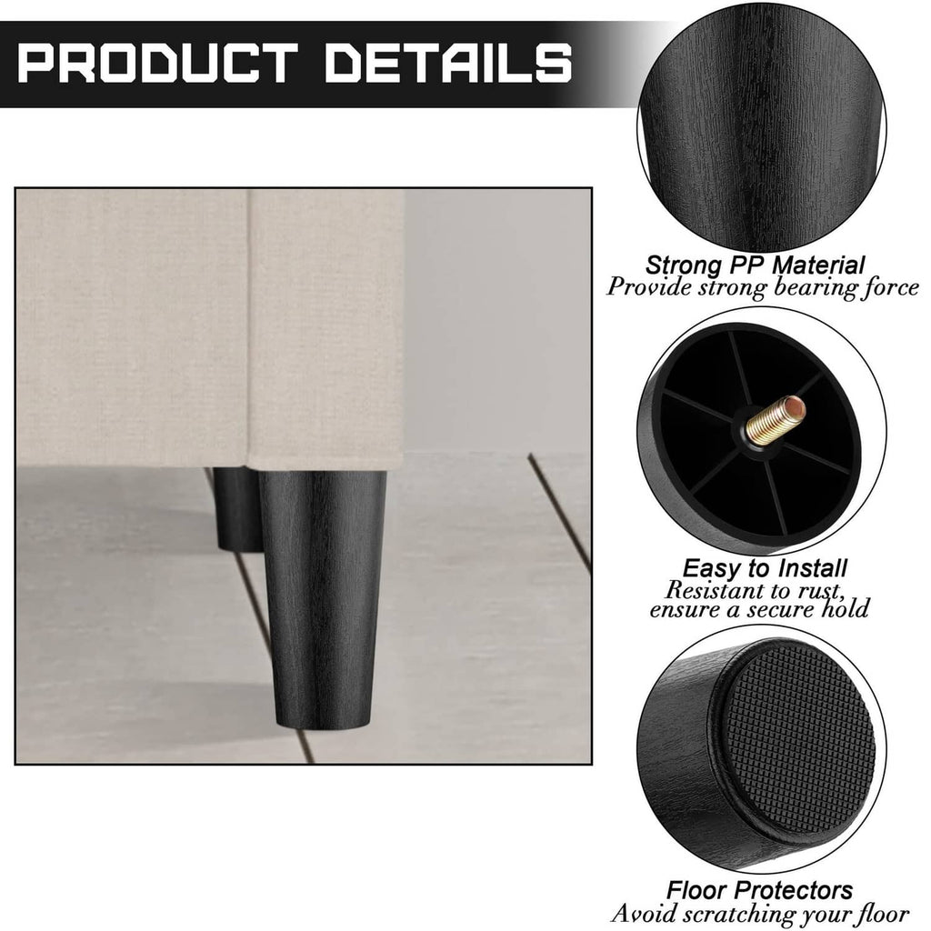 Black plastic furniture leg with floor-protector pad and threaded insert