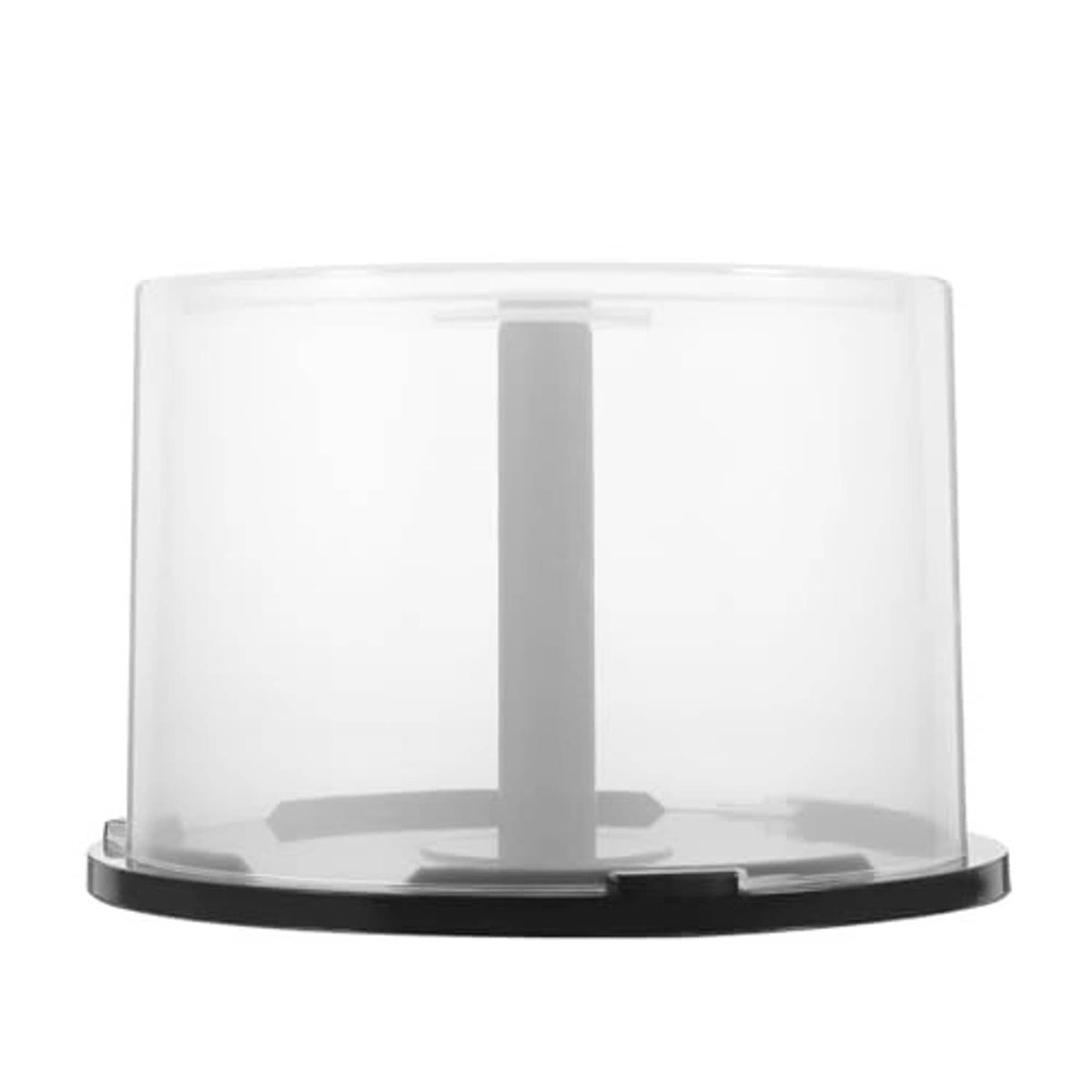 Clear-lidded CD storage container with black round base