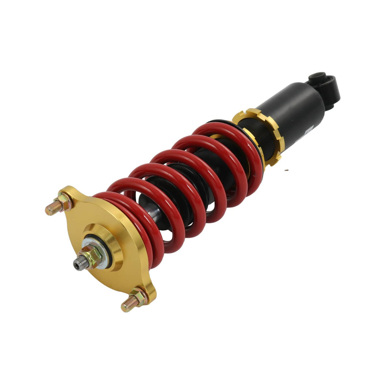 Coilover strut with red coil spring, black shock body, and gold top cap with mounting studs