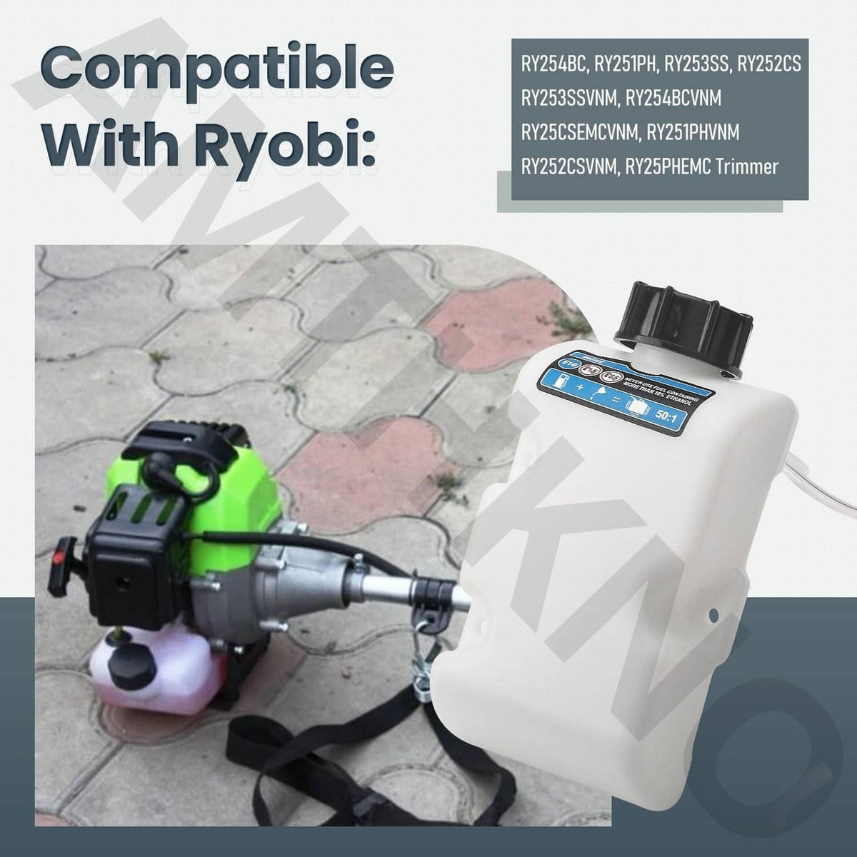 White fuel tank assembly with black mounting cap for handheld trimmer