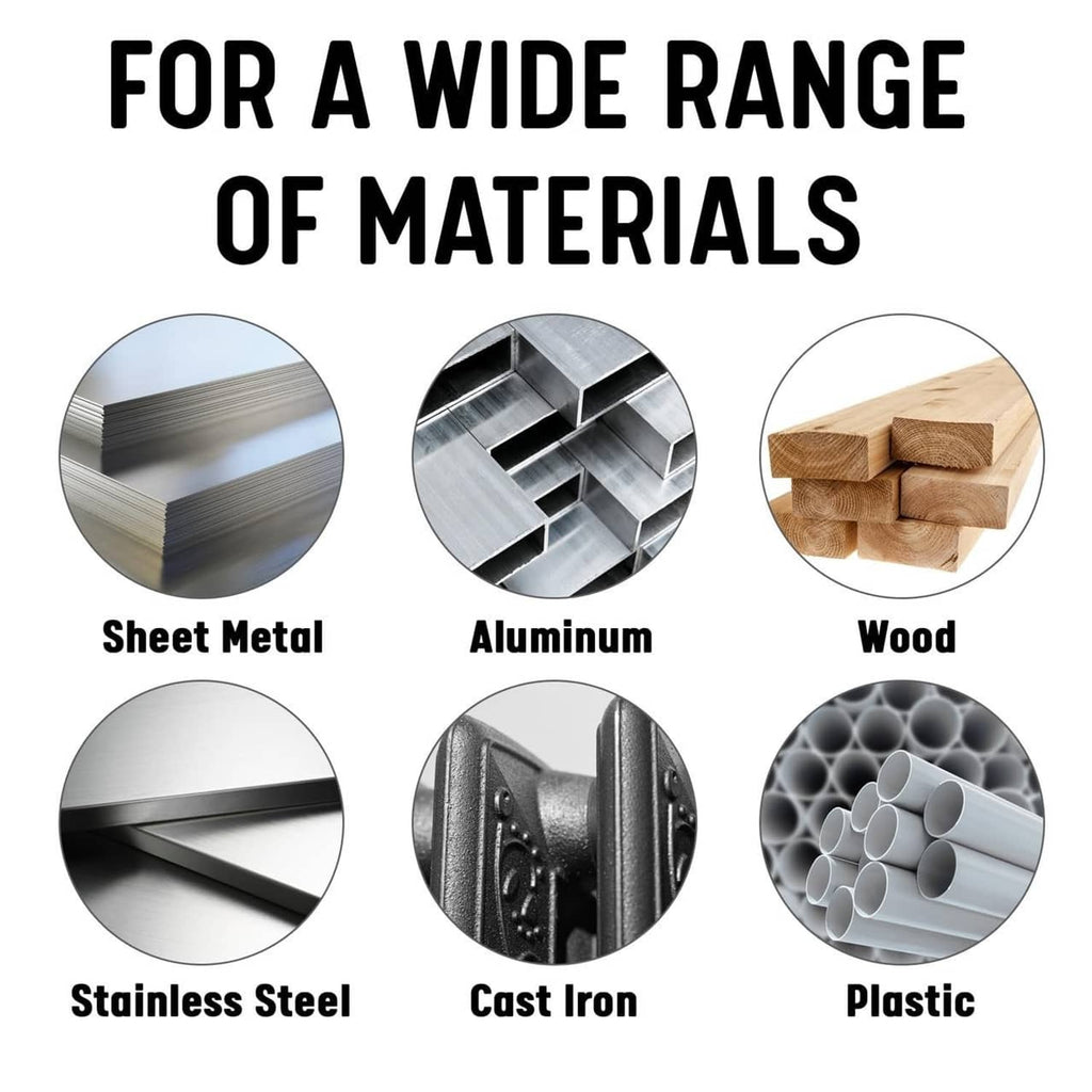 Drill bit material-compatibility icons for sheet metal, aluminum, wood, more